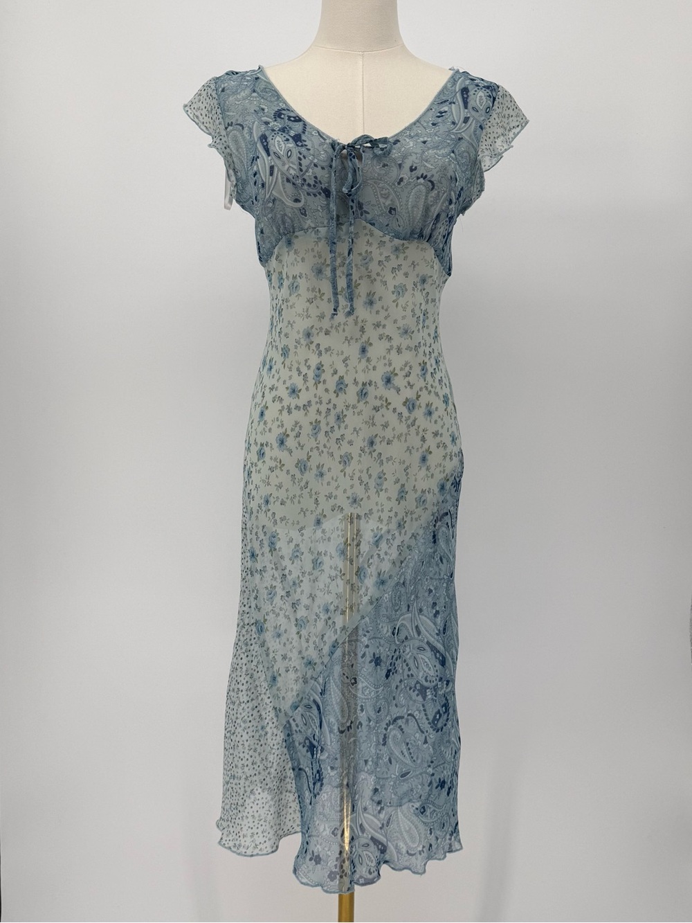 Vintage Blue Paisley & Floral Tie-Front Midi Dress